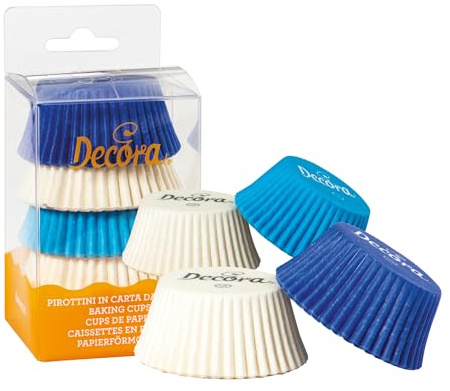 DECORA, 0339746 Pirottini Bianco Celeste Blu, Comodissimi Pirottini per Cuocere, Presentare e Regalare Muffin, Resistono fino a 220°, In comodo Blister
