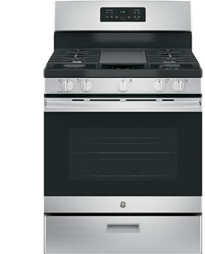 GE 30 Inch Free-Standing Gas Range, 5.0 cu. ft. Oven, 5 Sealed Burners, Broiler Drawer, Continuous Grates, Steam Clean, Simmer & Power Boil Burners, Non-Stick Griddle, Stainless Steel