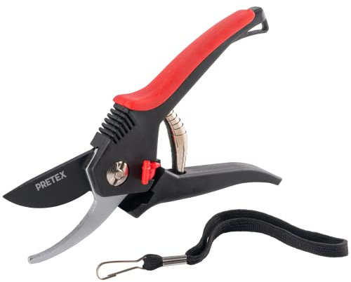 PRETEX Gartenschere mit Sicherheitshebeln, antihaftbeschichtet, einhändig bedienbar, Gartenschere mit professioneller Schneidklinge