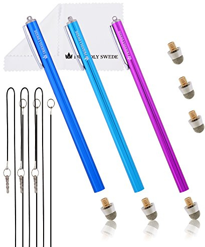 The Friendly Swede XXL Stylets pour Tablette, Smartphone, Ecran Tactile avec Pointe Remplaçable en Microfibre, 18,5cm (Violet + Bleu Foncé + Bleu Clair)