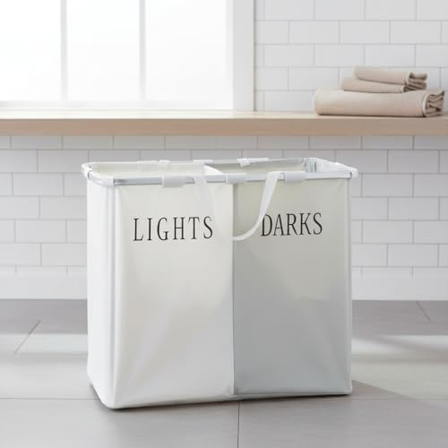 Wäschekorb DUO 70L Grau-Weiß – Wäschesammler mit 2 Fächern & Tragegriffen | 63 x 53 x 33 cm | Zusammenklappbar, Stabil & Platzsparend | 100% Polyester
