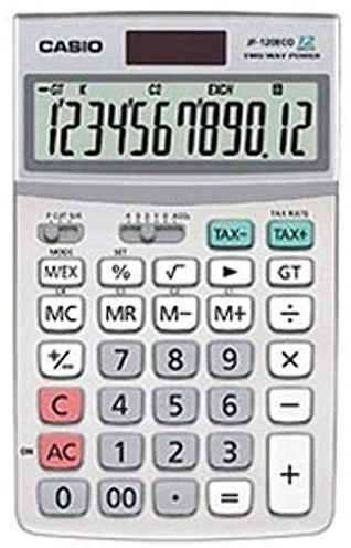CASIO JF-120ECO Eco-Rechner, nachhaltig, 12-stellig, Solar/Batteriebetrieb | Gehäuse aus recyceltem Kunststoff, 12-stelliges extra großes Display, Währungsumrechnung, Steuerberechnung, Solar/Batterie