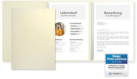15 Stück 3-teilige Bewerbungsmappen Creme mit 2 Klemmschienen in feinster Lederstruktur - hochwertige Prägung ''BEWERBUNG'' - direkt vom Hersteller STRATAG
