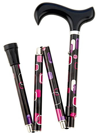 Gehstock Faltstock Deluxe POPUP, eleganter schwarzer Derbygriff aus Hartholz, aufgesetzt auf einen Stock aus stabilem Leichtmetall mit Ornament Dekor, faltbar, höhenverstellbar, inklusiv Schlankpuffer.