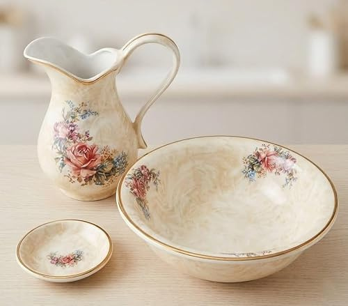 Set Toilette in Ceramica per Lavabo Bagno Antico Rosa Selvatica