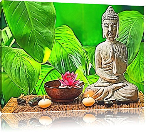 Pixxprint Buddha mit Seerose, Größe: 100x70cm, Leinwandbild, fertig gespannt, Wandbild, Dekoration, Kunstdruck, kein Poster