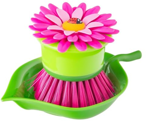 Vigar Flower Power Palm Dish Scrub Brush with Holder, Kitchen Scrub Brush for Dishes, Dish Scrubber, Sink Brush, Dishwashing Brush and Vegetable Scrubber for Household Cleaning - Pink, Green