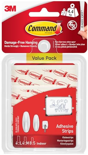 Command Assorted Adhesive and Mounting Refill Strips, Pack of 8 Small, 4 Medium, 4 Large Adhesive Strips - Damage Free Hanging - Holds up to 4.4 kg, White