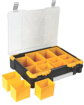 Perel Boîte d’assortiment, mallette de rangement en plastique avec 12 bacs amovibles, couvercle transparent, empilable, poignée et fermetures en aluminium, pour vis écrous clous et petites pièces
