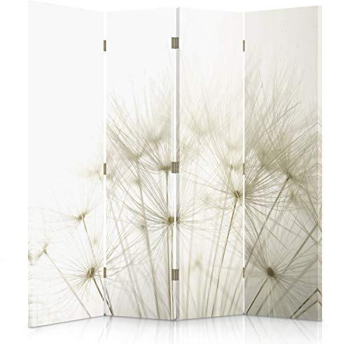 Feeby - Paravent mit Löwenzahn - 145x150cm, beidseitiger Trennwand Raumteiler, perfekt als Foto Paravent, Spanische Stil Sichtschutz - standfest, 4-teilig - Leinwand Bedruckt Weiß