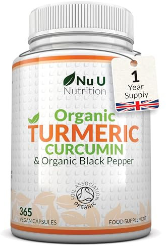 Organic Turmeric Curcumin and Black Pepper 600mg - 365 Vegan Capsules - 1 Year Supply - Soil Association Certified - High Strength Tumeric Supplement - Made in The UK - Nu U Nutrition
