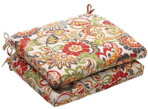 Pillow Perfect Bright Floral Indoor/Outdoor Chair Pad With Ties, 2 Count, 16 x 18.5, Green/Red Zoe