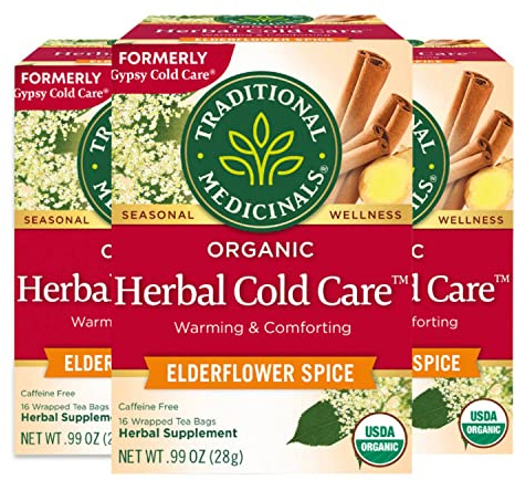 Traditional Medicinals Organic Herbal Cold Care Elderflower Spice Herbal Tea, Warm & Comforting Seasonal Wellness, 48 Tea Bags Total (Pack of 3)