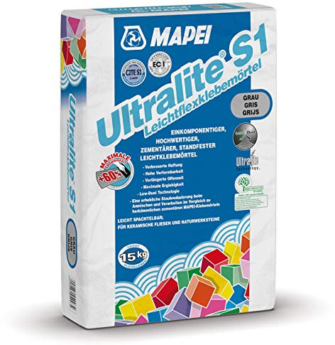 'Ultralite S1 leichtflexklebe mortaio leggero della colla per piastrelle sottile letto Malta, Grigio (1 Sacco 15 kg)