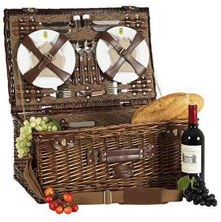 Les Jardins de la Comtesse - Picknickkorb Palais Royal aus honigfarbener Weide - Komplett Für 4 Personen - Herausnehmbare Isoliertasche - Keramikteller und Weingläsern/Brauner Stoff - 56 x 37 x 26 cm