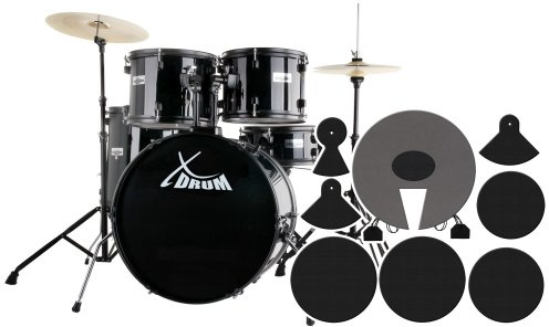 XDrum Rookie Schlagzeug Set Drumset Schwarz (22 BD, 12, 13, 16 TT, 14 SN, Übungsbecken bestehend aus einem Satz Hi-Hat-Becken 14 und 1 Crash-Ride-Becken 16, inkl. Schule & Schlagzeugdämpferset)