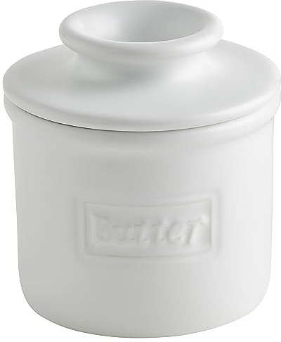 Butter Bell Crock by L. Tremain French Ceramic Butter Keeper, White Matte | Café pattern crock in a modern matte glaze. Water seal keeps butter fresh & spreadable—no refrigeration needed.