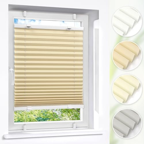 Victoria M. Easyfix Plissee Faltrollo ohne Bohren Plisseeanlage Klemmfix mit Klemmträger für Fenster und Türen, Größe: 35 x 100 cm, Farbe: Beige