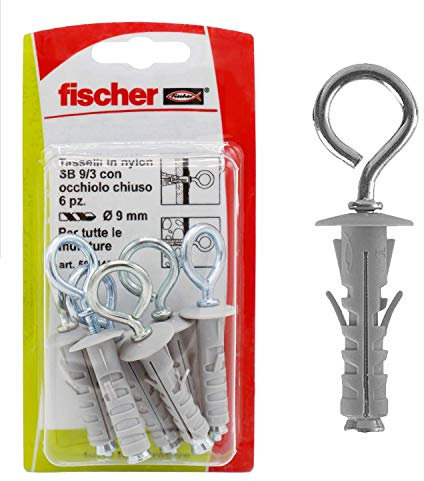 Fischer, 6 Tasselli SB 9/3 K Con Occhiolo Chiuso, Universali Per Il Fissaggio Di Lampade, Specchi, Mobili Su Muro E Cemento, 504443