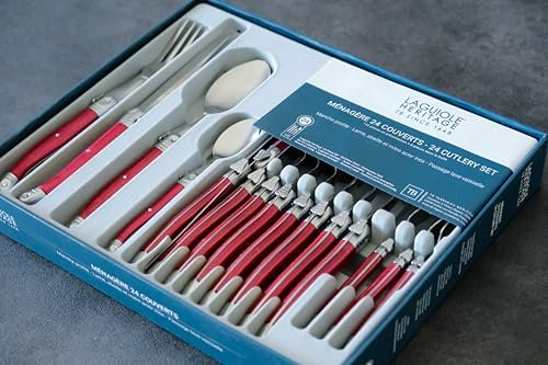Laguiole Production - Ménagère 24 pièces - Set de Couverts de Table Acier INOX et ABS pour 6 Personnes - Présentation Coffret Cadeau - Couleur nacré Rouge