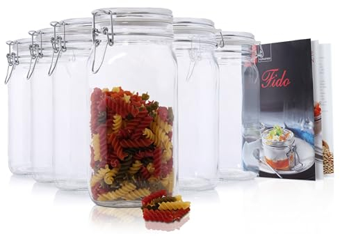 Bormioli Rocco Fido - Set mit 6 Einmachgläsern mit Hebelverschluss, Fassungsvermögen: 1,5 Liter, inklusive Bormioli-Rezeptbuch