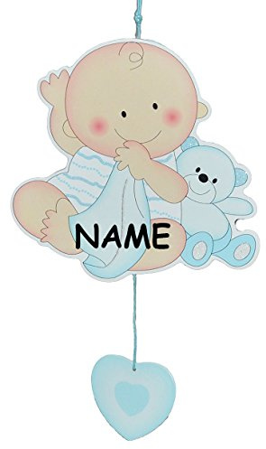 alles-meine.de GmbH Türschild/Wandbild/Deko Hänger aus Holz - Baby mit Teddybär blau incl. Name - selbstklebend - Kinderzimmer Deko Bilder Mädchen zur Geburt Babys Neugeboren