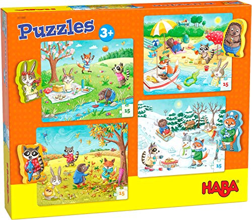 HABA Jahreszeiten-Puzzle für Kinder ab 3 Jahren – 4-teiliges Holzpuzzle mit bunten Motiven, robust & nachhaltig - 1301888001