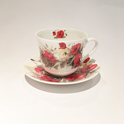 Roy Kirkham Breakfast Tasse und Untertasse – Poppy, Knochenporzellan, Kaffeetasse, Tasse und Untertasse-Set, Blumig, Mohn-Design, 10,5 cm (ohne Griff) / 17 cm (mit Griff), Geschenk-Box