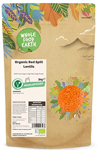 Wholefood Earth Lentilles Rouges Bio Cassées, 3 kg, Sans OGM, Vegan, Haute Protéine
