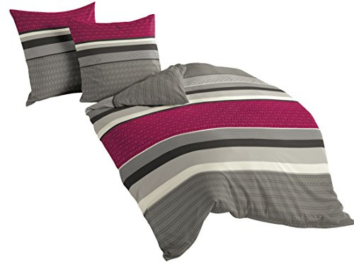 Bierbaum 4630_19 - Juego de Cama (Franela Fina, Funda de edredón de 200 x 200 cm y 2 Fundas de 80 x 80 cm, satén), diseño de Rayas, Color Rosa