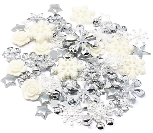 80 Winter/Christmas Mix Silver/White Shabby Chic Resin Flatbacks - Festive Craft Embellishments for Cardmaking and Christmas Holiday Projects