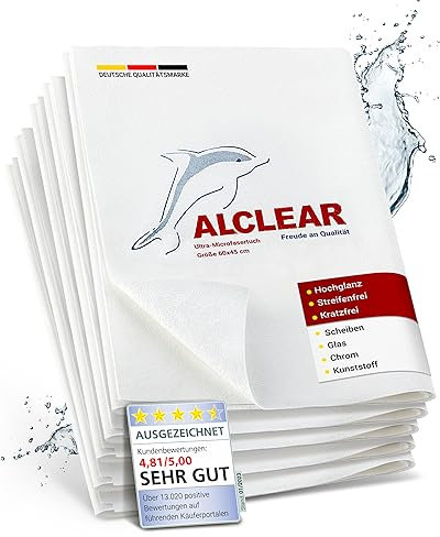 ALCLEAR Set de chiffons en microfibre – Pack de 5 chiffons à vitres 40×45 cm, sans traces – ne peluche pas, économise du temps sans séchage – conçu en Allemagne – pour la maison & vitres de voiture