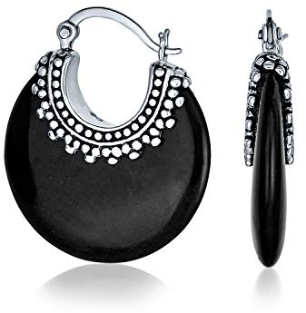 Boucles d'oreilles créoles demi-croissant rond en onyx noir véritable de style bohème occidental tribal pour femmes en argent sterling .925 oxydé avec perles milgrain caviar.