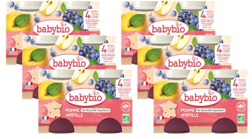 Babybio - Petits Pots Pomme d'Aquitaine/Myrtille 260 g - Pack de 6 - 4 Mois - Bio