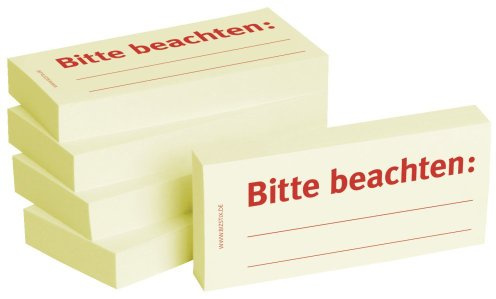 Bedruckte Haftnotizen - Text: Bitte beachten Ausführung Bitte beachten Größe (B x H) 75x35 mm Inhalt 5 x 100 Blatt