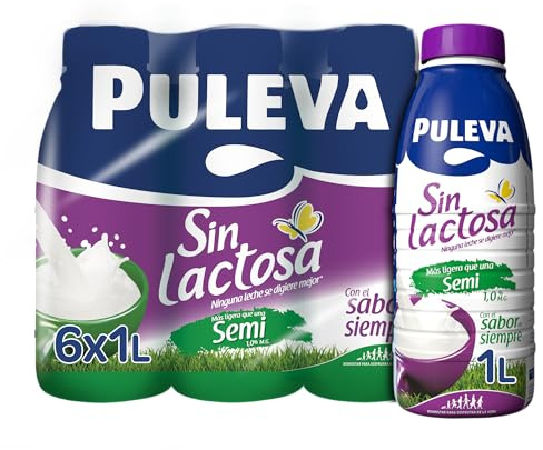 Puleva - Leche Puleva Sin Lactosa Semidesnatada 1 % M.G., Fácil de Digerir, Rico en Calcio y Vitaminas A, D y E, Ideal para Intolerantes a la Lactosa, Pack 6 x 1 L | Preparado lácteo enriquecido con fibra que ayuda al tránsito intestinal. Formato brik. Pack 6 de unidades de 1 litro.