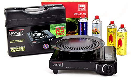 Gaskocher mit 8 Campgas Gaskartuschen ohne Grillaufsatz, Campingkocher, Tragekoffer, 1 Flamme, maximale Leistung 2,2 KW