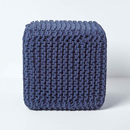 Homescapes, pouf poggiapiedi imbottito lavorato a maglia, 100% cotone, ideale in salotto, per bambini o anziani, Tessuto, Navy Blue, 40 x 35 cm