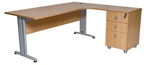Furni24 Schreibtisch Winkelschreibtisch, Eckschreibtisch, Moderner Bürotisch Computertisch mit großer Arbeitsfläche, Bürotisch,PC Tisch, Dona Buche 180x120x74cm inkl.Beistellcontainer rechts gewinkelt