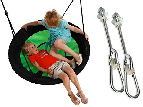 Nest Swing Seat With Soft Seating 100cm Diameter + Pair of M12 Swing Hooks 'Through' For Children's Swing Frames - Apple Green and Black - Holds Up to 150kg Weight.