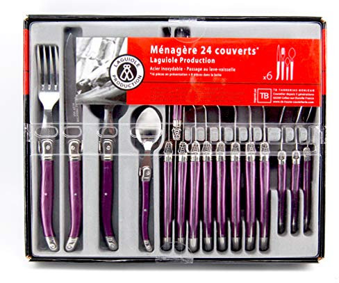 Laguiole Production - Ménagère 24 pièces - Set de couverts de table acier inox et ABS pour 6 personnes - Présentation coffret cadeau - Couleur violet nacré pourpre