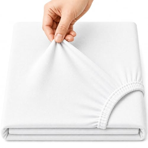 Family Bedding Deep Pocket Fitted Sheet, 100% Jersey Cotton, White, Single | 30cm Elasticated Pocket, Fits 90x190cm to 100x200cm, Breathable Fabric