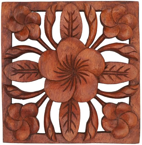 GURU SHOP Geskulptiertes Wandbild Deko Wandrelief aus Suarholz, Blume | Handgeschnitzt, aus Indonesien, zeigt verschiedene Mudra, einzigartiger Wandschmuck