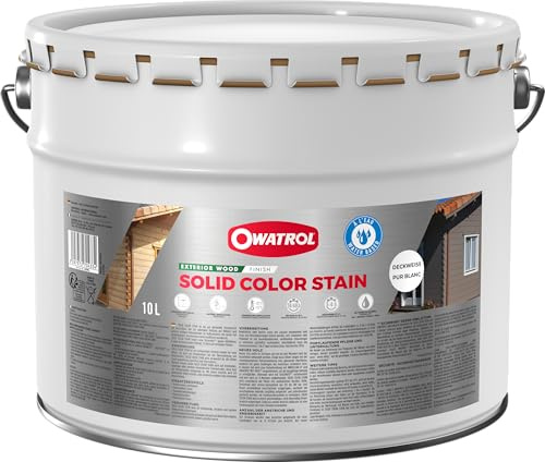 OWATROL Solid Color Stain 10 L Deckweiß | Wetterschutzfarbe: Acryl-Decklack mit dauerhaft deckendem Anstrich für Holz im Außenbereich