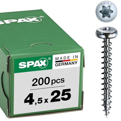 SPAX Vis universelle 4,5 x 25 mm, 200 pièces, T-STAR plus, tête demi-ronde, filetage total, 4CUT, WIROX A9J, galvanisé brillant,