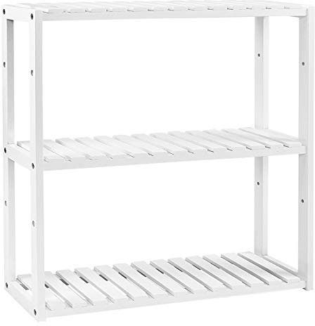 SONGMICS Badregal, Badezimmerregal, Bambus-Regal, Pflanzenregal mit 3 verstellbaren Ablagen, Wandmontage, freistehend, für Wohnzimmer, Flur, Küche, 60 x 15 x 54 cm, weiß BCB13W