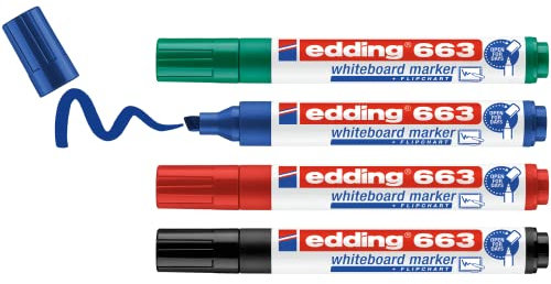 edding 663 Whiteboardmarker Set - bunte Farben - 4 Whiteboard Stifte - Keilspitze 1-5 mm - Boardmarker abwischbar - für Whiteboard, Flipchart, Magnettafel, Memoboard - Sketchnotes - nachfüllbar