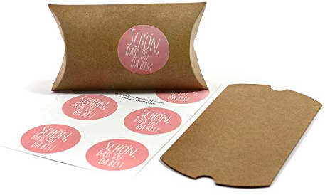 Frau WunderVoll® 48 KLEINE VERPACKUNGEN GASTGESCHENK, 48 Natur Kissenschachteln und 48 rosa Aufkleber/Faltverpackung, Geschenkverpackung, Gastgeschenk, Hochzeit