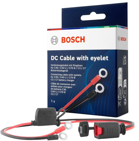 Bosch anslutningskabel för batteriladdare – batterikabel med ringkabelskor och 10 A säkring – reservdel i originalkvalitet – M6-öglor, 52 cm kabel – 0189999270