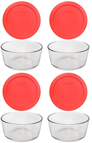 Pyrex 7201 4 Cup Glass Bowls & 7201-PC Red Food Storage Replacement Lids (4-Pack) - Made in USA